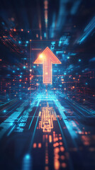 Fototapete - Orange arrow pointing up on blue digital background symbolizes uploading data to cloud server, increasing performance and improving business