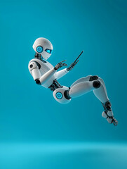 Aufkleber - A humanoid robot floats against a blue background, engaged with a digital device, showcasing futuristic technology and artificial intelligence.