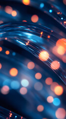 Fototapete - Glowing fiber optic cables transmitting digital signals, creating luminous bokeh patterns against vibrant blue-orange background