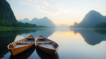 Wall Mural - Serene Sunrise Lake with Boats