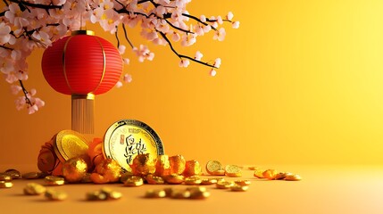 Canvas Print - Red lantern, gold ingots, blossom branch on yellow background.