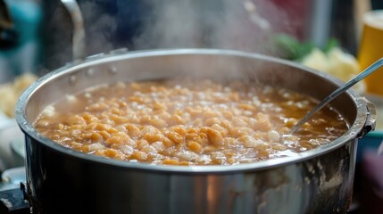 Wall Mural - Hot Pot Steaming hot pot with delicious ingredients in a stainless steel pot for cozy meal gatherings