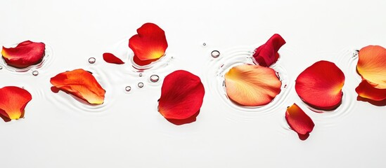 Wall Mural - Vibrant Red and Orange Flower Petals Gently Floating on Clear Water Against a White Background Creating Tranquil Serenity with Empty Copy Space