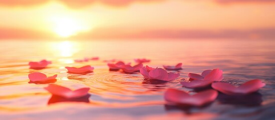 Poster - delicate pink flower petals gently floating on serene water surface reflecting warm sunset hues with