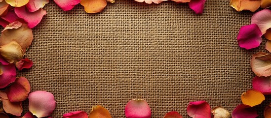 Wall Mural - Colorful Flower Petals Border on Textured Burlap Background with Empty Space for Custom Text Placement in Warm Tones