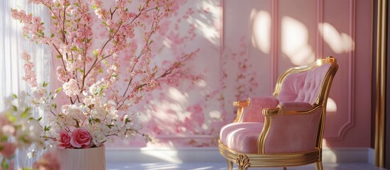 Poster - Elegant Bedroom Interior Mockup Featuring Pink Floral Accents, Regal Gold Armchair, Flower Pot, and Soft Natural Light Enhancing Luxury Ambiance