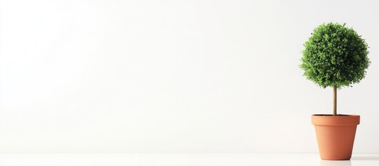 Poster - Green Potted Tree on Right Side Against Minimalist White Background with Ample Copy Space for Text and Natural Light Highlighting Details