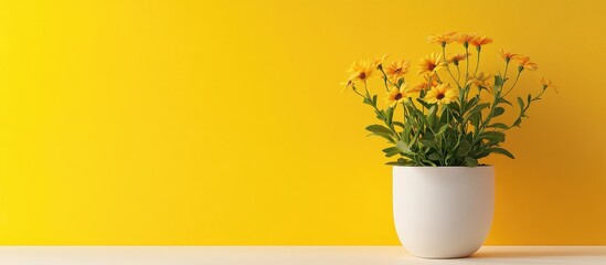 Poster - vibrant yellow background with white flower pot containing colorful blooms and ample copy space for 