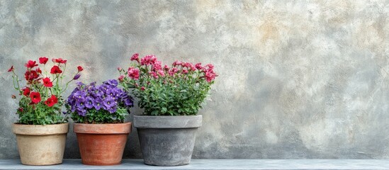 Poster - colorful flower pots featuring vibrant red and purple blooms arranged on a weathered stone backgroun