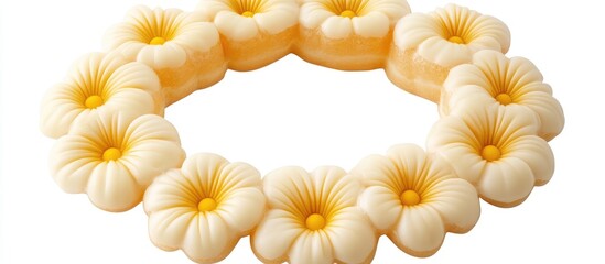 Poster - delicate cream colored flower shaped doughnut arrangement on white background with ample empty space