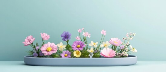 Poster - elegant floral tray display featuring vibrant spring blooms in pastel colors on soft blue background