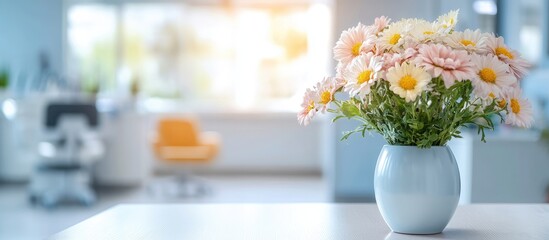 Poster - floral arrangement in soft pastel vase on white table with blurred bright dental office background a