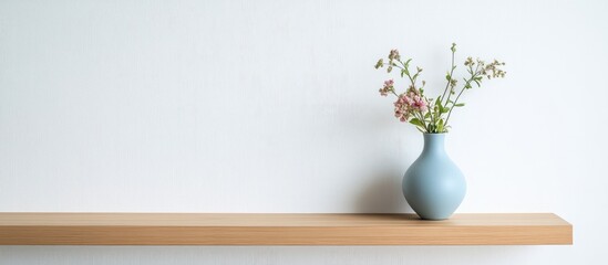 Poster - flower vase mockup with pastel flowers on light wooden shelf against white background ideal for deco
