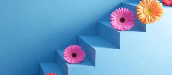 Wall Mural - Elegant blue staircase adorned with vibrant pink and orange flowers casting subtle shadows, featuring ample space for text and creative design.