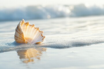 Wall Mural - delicate seashell rests on sandy shore, kissed by gentle waves a