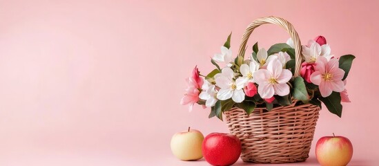 Wall Mural - Colorful Floral and Apple Arrangement in a Woven Basket on Soft Pink Background with Copy Space for Text and Design Elements