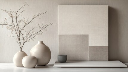 Poster - Minimalist interior design featuring vases and artwork in neutral tones on a tabletop. Generative AI