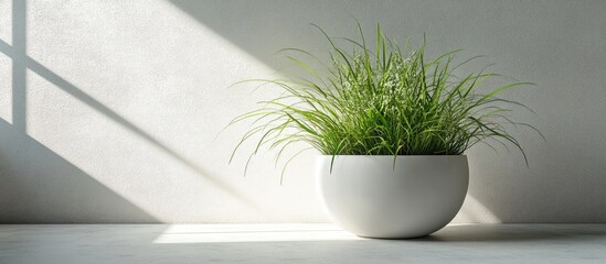 Poster - Modern round white flowerpot with lush green long leaves on a white concrete floor illuminated by natural light creating an elegant minimalist setting