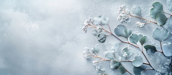 Poster - eucalyptus leaves displayed on soft pastel gray background for water awareness celebration with clea