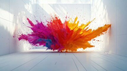 Poster - Colorful explosion of paint in a bright, modern interior space creating a vibrant artistic display. Generative AI