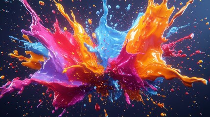 Poster - Colorful paint splashes create dynamic art explosion in vibrant hues on dark background. Generative AI