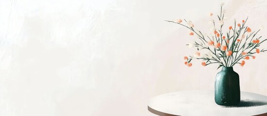 Poster - minimalist home decor with green vase of flowers on round table against white wall soft pastel color