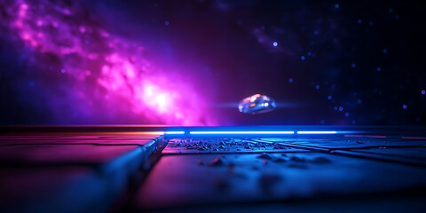 Fototapete - Futuristic spaceship flying over neon-lit platform against vibrant nebula backdrop.
