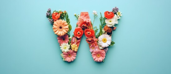 Poster - floral letter w design on soft blue background with empty space for text, featuring vibrant multicol