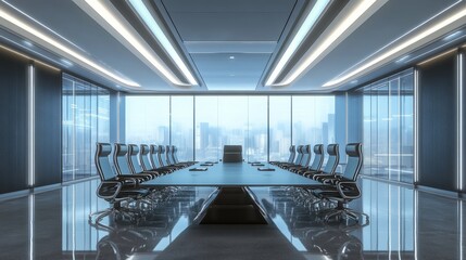 Poster - High-tech command center with a futuristic conference room, 3D rendered with advanced features and a sleek design.