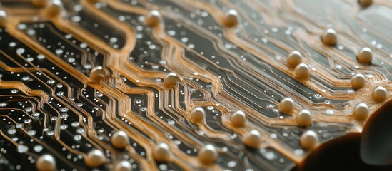 Fototapete - Intricate Golden Circuit Board Pattern with Flowing Binary Code on Dark Background Featuring Empty Space for Text and Copy Placement