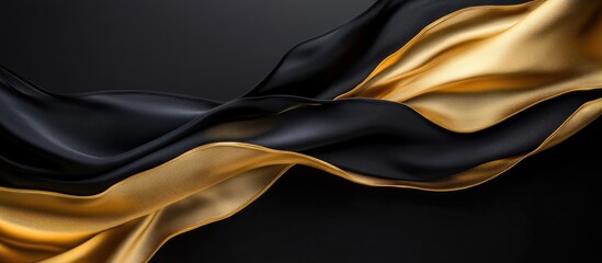 Poster - elegant waves of flowing black and gold silk fabric on a dark background with ample space for text a