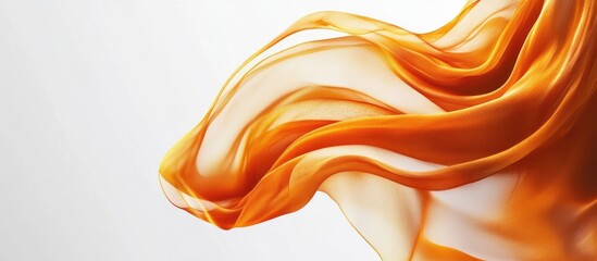 Poster - Elegant flowing orange fabric with gentle fluid motions against a soft white background, ideal for showcasing text or branding concepts.