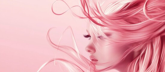 Poster - captivating profile of a woman with flowing pink hair and enchanting eyes on a soft pink gel backgro