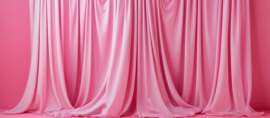 Poster - soft flowing pink curtains gently swaying in a light breeze against a pastel pink background with am