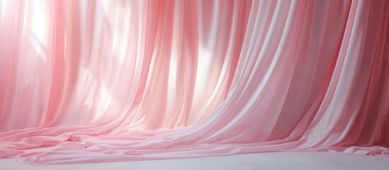 Poster - Delicate flowing pink silk curtains swaying gracefully in gentle breeze with soft highlights and empty serene space for text in bright interior setting