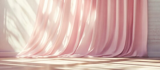Poster - soft pink flowing curtains gracefully swaying in a sunlit room with hardwood floor and ample empty s