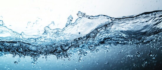 Poster - Close-Up of Flowing Tap Water from Bathroom Faucet with Turquoise Ripples and Light Reflections Ideal for Text Overlay in Bright Atmosphere