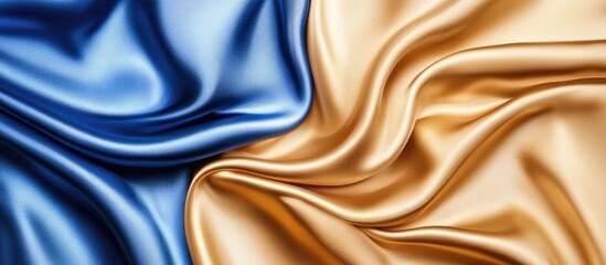 Poster - elegant flowing satin fabric in rich royal blue and luxurious gold hues, showcasing rippled texture 