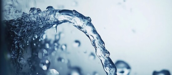 Poster - Close Up of Flowing Clear Tap Water from Bathroom Faucet with Bubbles and Soft Blue Background Ideal for Text Overlay or Design Use