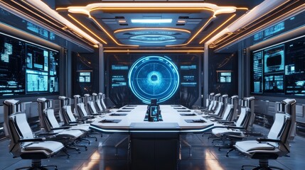 Poster - 3D rendering of a command center conference room, featuring futuristic design elements and state-of-the-art technology