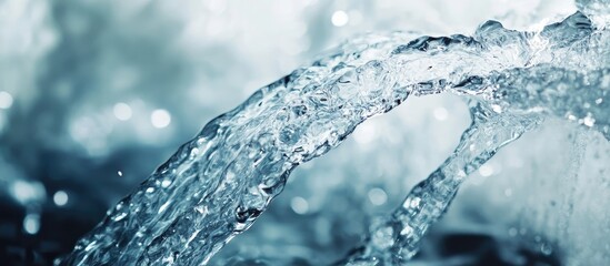 Poster - Close Up of Flowing Clear Water from a Bathroom Faucet with Soft Blue Background and Empty Space for Text for Design Purposes