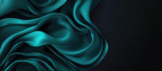 Poster - teal silk fabric elegantly flowing and draping across a dark backdrop, creating waves and textured l