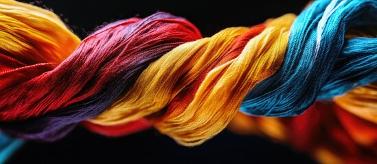 Poster - vibrant twisted threads in shades of red, orange, blue, and purple against a black background with n