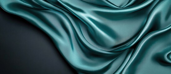 Poster - Teal silk fabric gracefully flowing on a dark background with smooth waves and ample empty copy space for text and design concepts