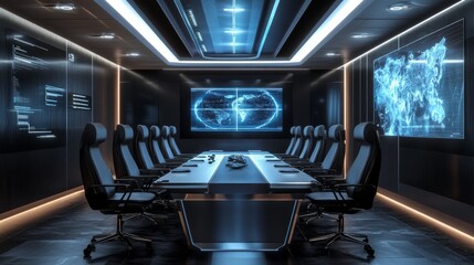 Poster - 3D rendering of a command center conference room, featuring futuristic design elements and state-of-the-art technology