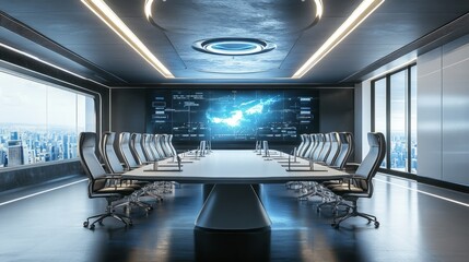 Poster - 3D rendering of a command center conference room, featuring futuristic design elements and state-of-the-art technology