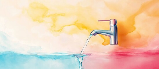 Poster - Colorful Flowing Water Design Featuring a Metallic Dripping Faucet Against a Soft Gradient Background of Orange, Yellow, and Aqua with Space for Text