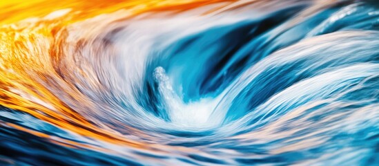 Poster - dynamic flowing water in a vivid stream with swirling blue and orange tones and ample copy space for