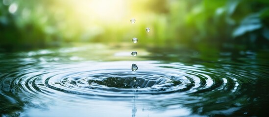 Poster - serene close-up of flowing water droplets creating ripples with lush green background and soft sunli