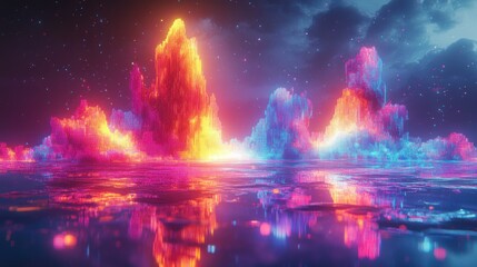 Aufkleber - Colorful digital landscape with vibrant mountains and reflective water under a starry night sky. Generative AI